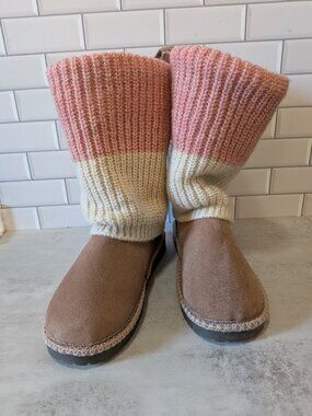 MUK LUKS "Jackie" Boot w/ Knit Warmers - Sand/Dusty-Pink/Cream - Women's Size 8